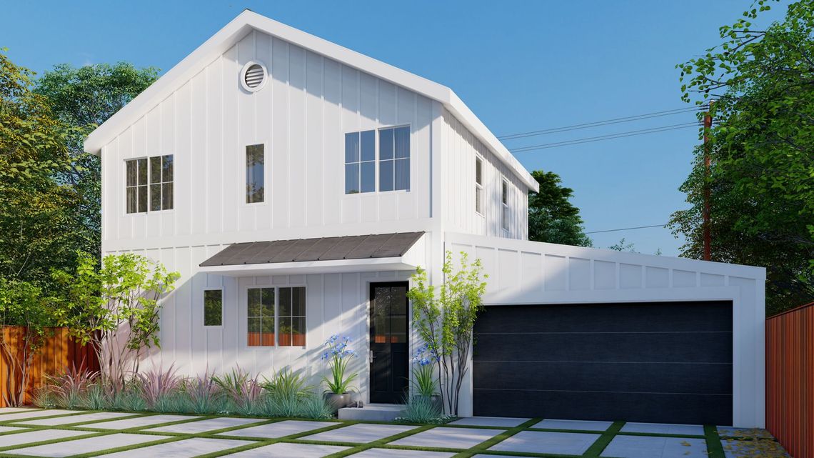 Rendering of a two-story ADU attached to a rebuilt garage