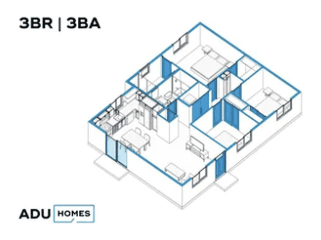 Plan 1000 ADU floor plan, 3 bed, 1,000 sq ft