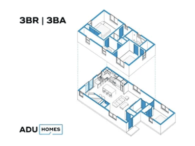 Plan 1185LA ADU floor plan, 3 bed, 1,185 sq ft