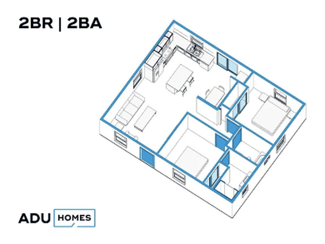 Plan 832 ADU floor plan, 2 bed, 832 sq ft