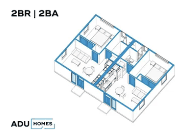 Plan 900D multi-family ADU floor plan, 2 bed, 2 bath, 900 sq ft (isometric view)